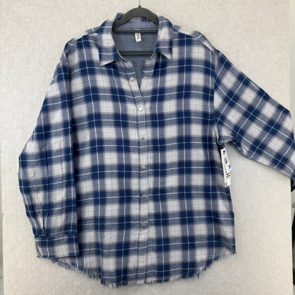 NEW Womens Large Rewash Plaid Long Sleeve Snap Front Frayed Shirt SUPER SOFT